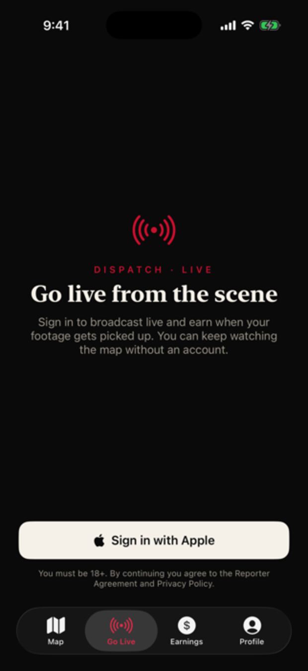 Dispatch Live ready to start a broadcast