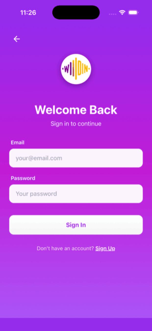 The WILDIN sign in screen