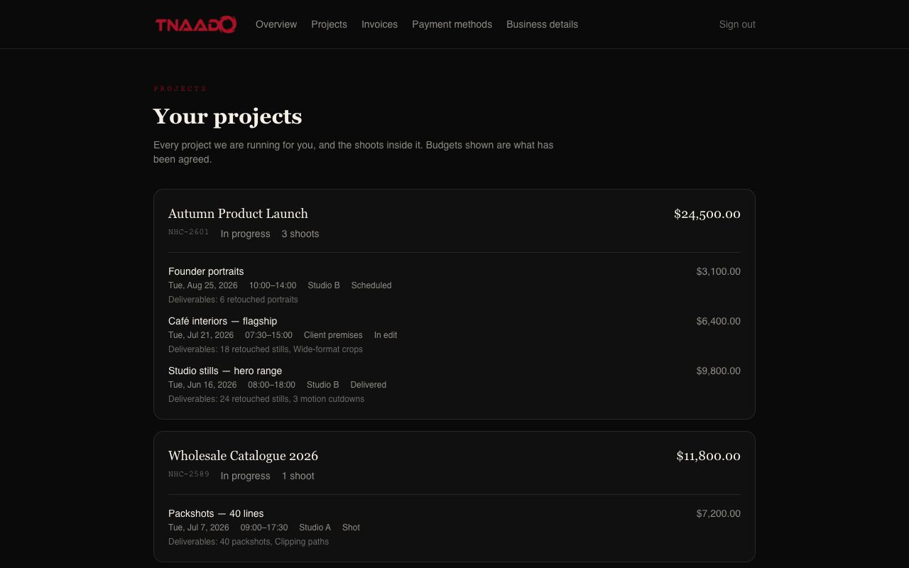 The client portal showing a client's projects and budgets