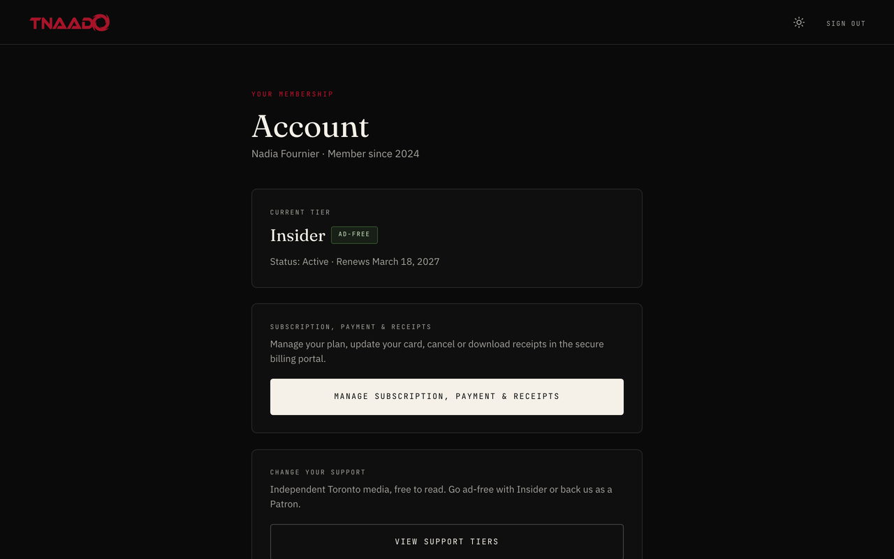 The reader portal account and membership page