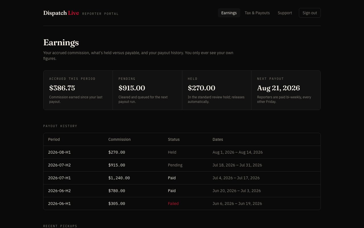 The reporter portal showing contributor earnings and payout history
