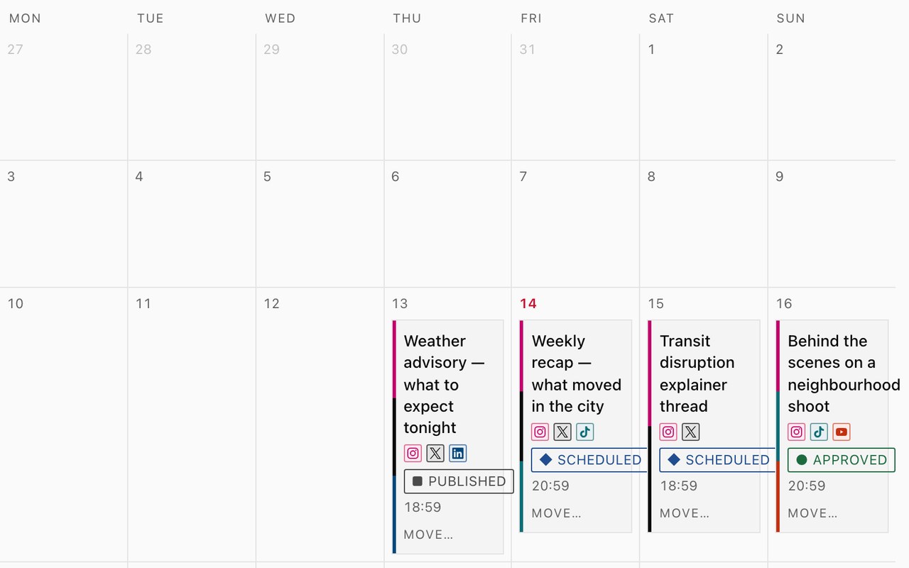 The socials planner showing a week of scheduled posts
