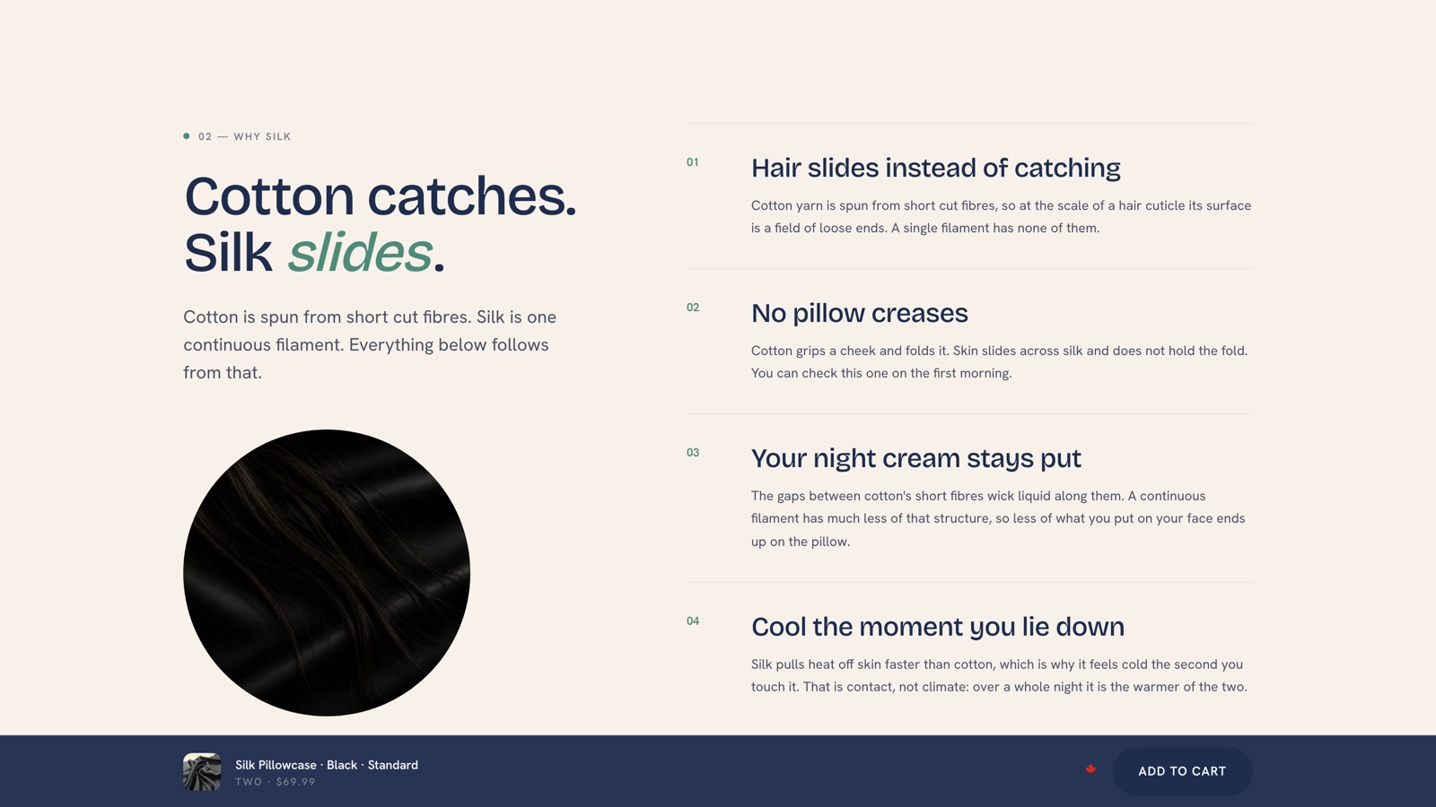The section comparing cotton and silk against the sleeper's hair and face